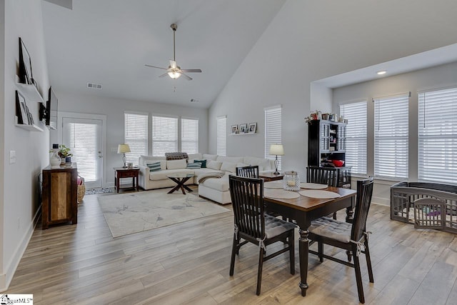 dining area featuring baseboards, visible vents, a ceiling fan, light wood-type flooring, and high vaulted ceiling