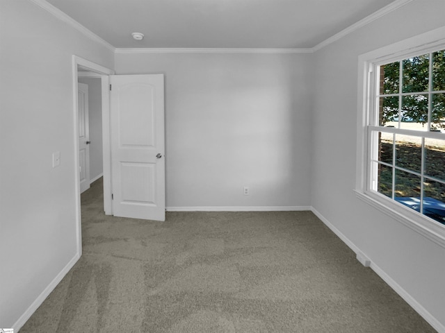 unfurnished room featuring carpet flooring, crown molding, plenty of natural light, and baseboards