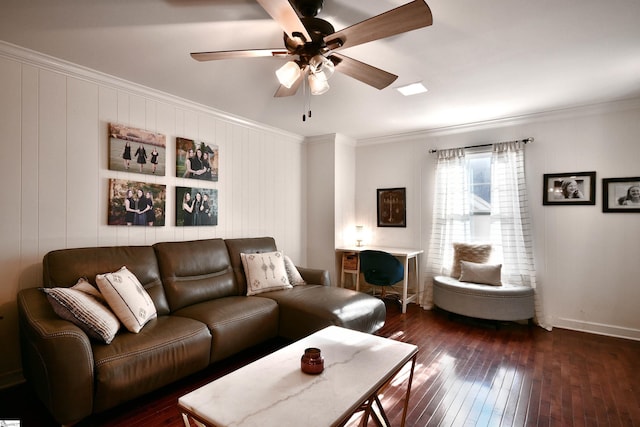 living area featuring ornamental molding, ceiling fan, and dark wood-style floors