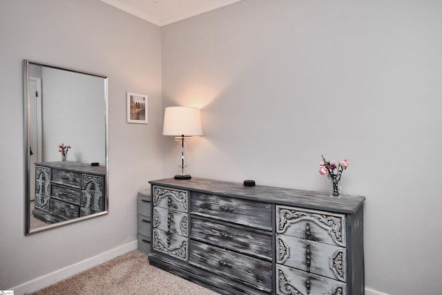 details featuring carpet floors, ornamental molding, and baseboards