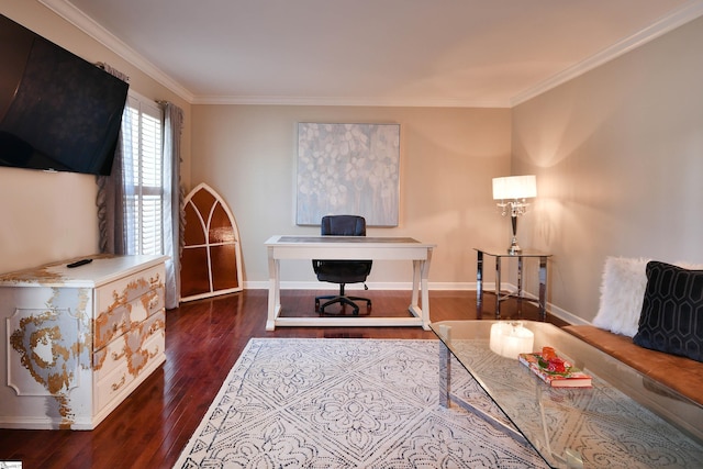 home office with crown molding, baseboards, and wood finished floors