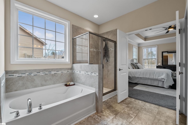 ensuite bathroom with a shower stall, ensuite bath, a garden tub, and ornamental molding