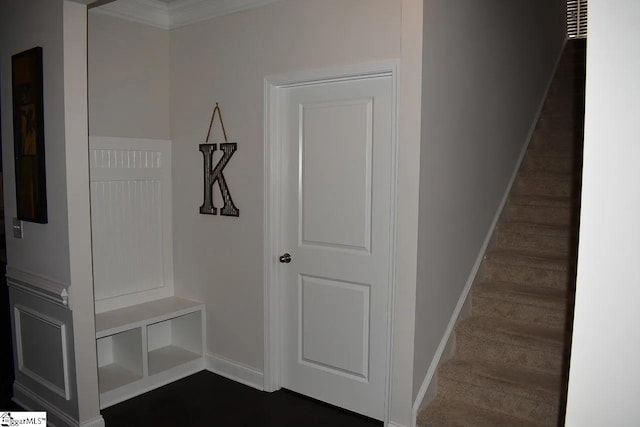 mudroom with baseboards and dark wood-style flooring