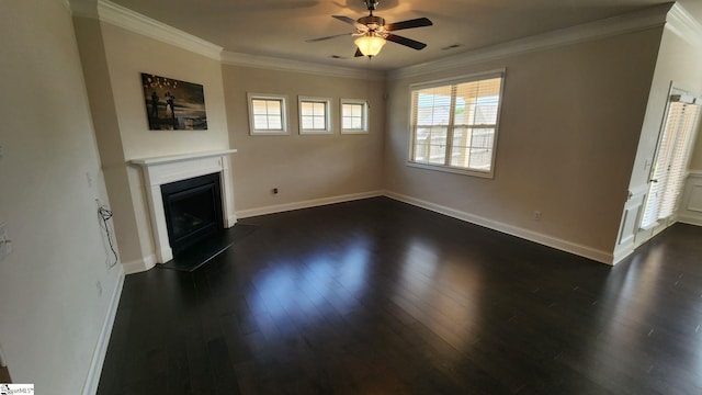 unfurnished living room featuring dark wood-style floors, a fireplace with flush hearth, visible vents, and ornamental molding