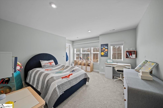 bedroom featuring baseboards, recessed lighting, visible vents, and light colored carpet