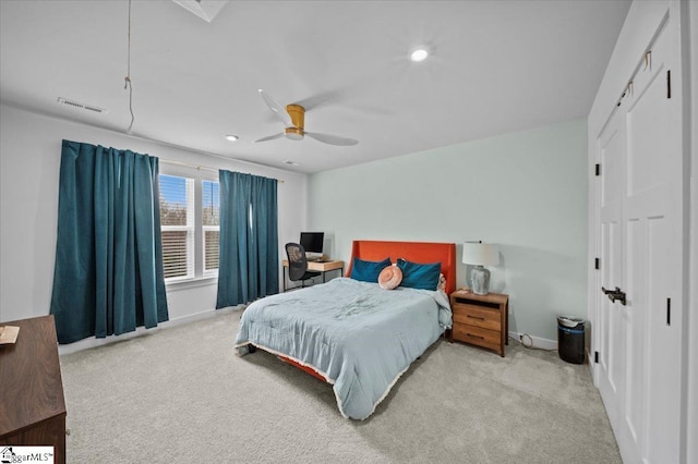 bedroom featuring carpet floors, recessed lighting, visible vents, and baseboards