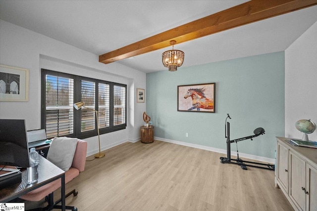 office area featuring light wood-type flooring, beamed ceiling, baseboards, and an inviting chandelier