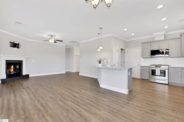 kitchen featuring stainless steel appliances, wood finished floors, gray cabinets, tasteful backsplash, and a glass covered fireplace