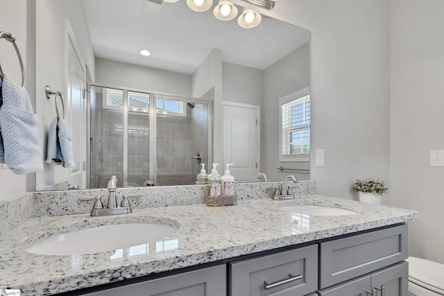 bathroom with toilet, a shower stall, double vanity, and a sink