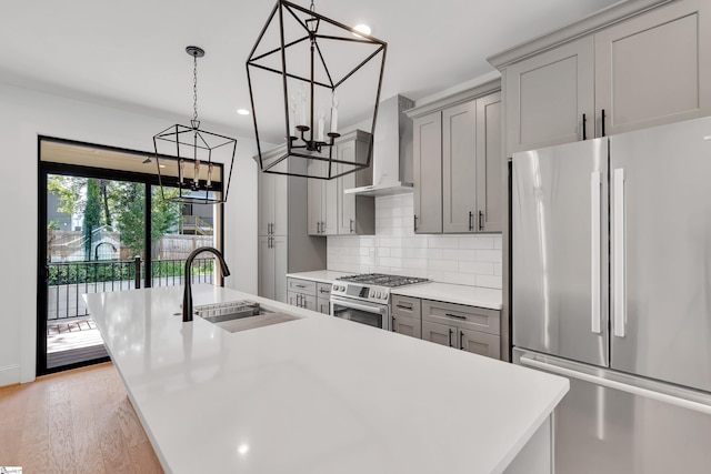 kitchen featuring stainless steel appliances, gray cabinetry, a kitchen island with sink, a sink, and wall chimney range hood