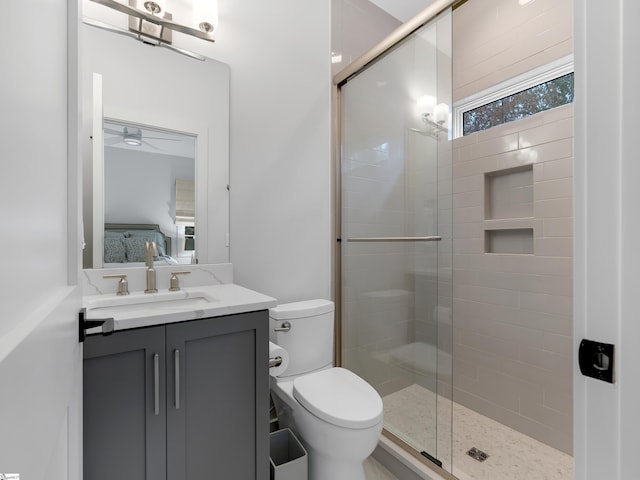 ensuite bathroom with connected bathroom, a shower stall, toilet, and vanity