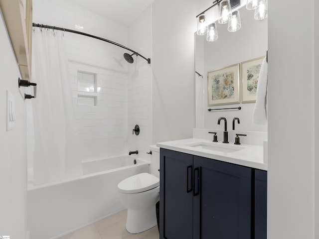 full bathroom featuring toilet, shower / tub combo, tile patterned flooring, and vanity