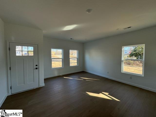 entryway with dark wood-style flooring, a healthy amount of sunlight, and baseboards