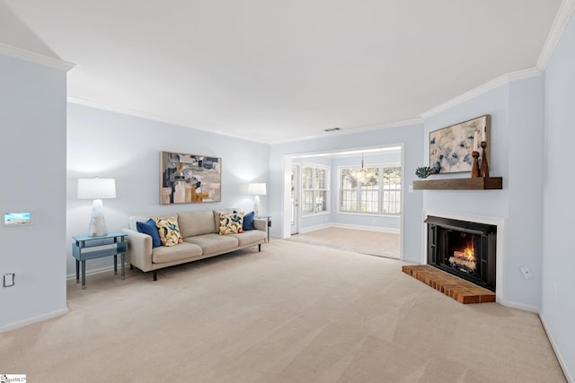 carpeted living area with baseboards, a brick fireplace, and crown molding