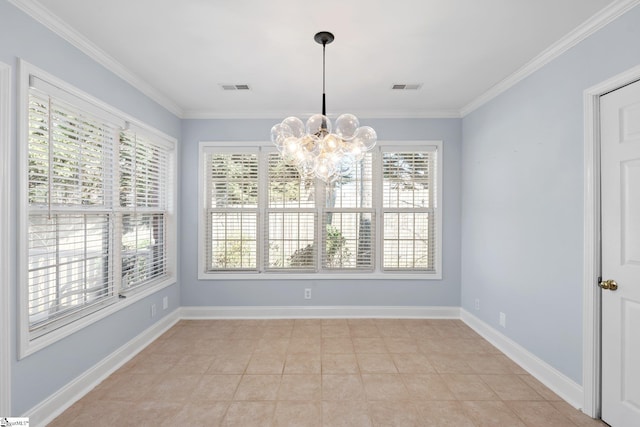 unfurnished dining area with a chandelier, ornamental molding, visible vents, and baseboards