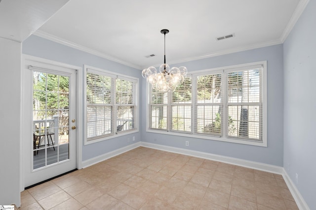 unfurnished dining area featuring light tile patterned floors, crown molding, visible vents, baseboards, and an inviting chandelier