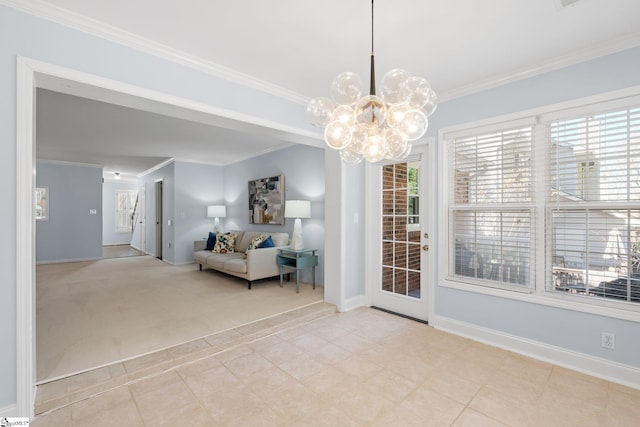 interior space featuring ornamental molding, tile patterned flooring, carpet flooring, and baseboards