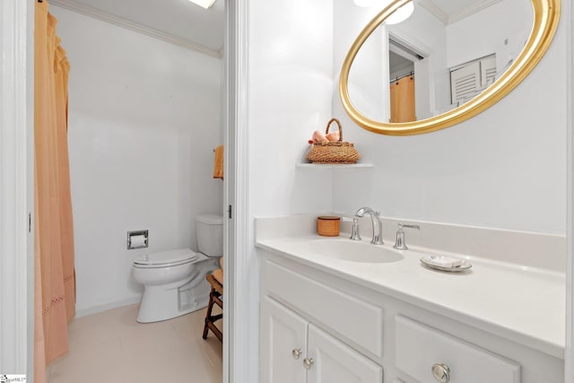 bathroom featuring toilet, tile patterned floors, crown molding, and vanity