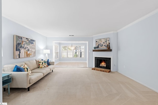 living area featuring a brick fireplace, carpet flooring, and crown molding