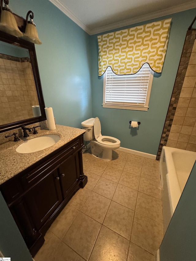 full bath featuring crown molding, a washtub, toilet, tile patterned floors, and vanity