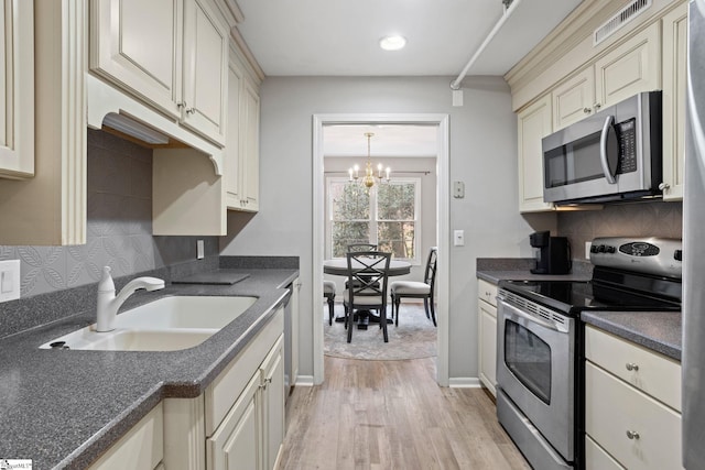 kitchen featuring visible vents, a sink, appliances with stainless steel finishes, dark countertops, and tasteful backsplash