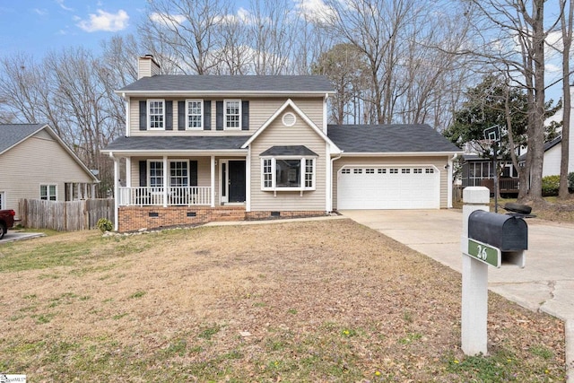 view of front of property featuring driveway, a porch, an attached garage, a chimney, and crawl space