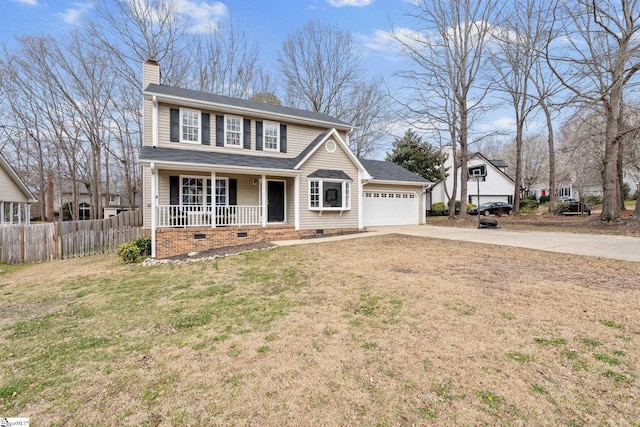 view of front of house with a front yard, fence, driveway, a porch, and crawl space