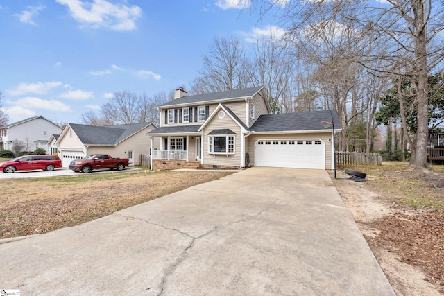 view of front facade with driveway, fence, an attached garage, crawl space, and a chimney