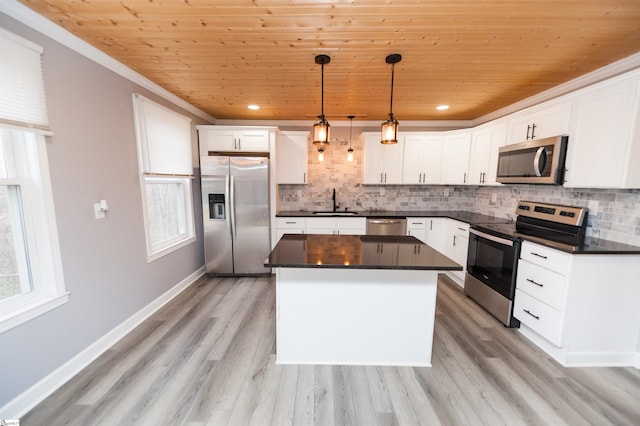 kitchen featuring dark countertops, wooden ceiling, stainless steel appliances, and tasteful backsplash