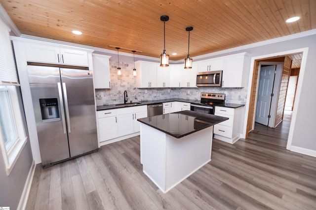 kitchen with a sink, dark countertops, appliances with stainless steel finishes, and wood ceiling