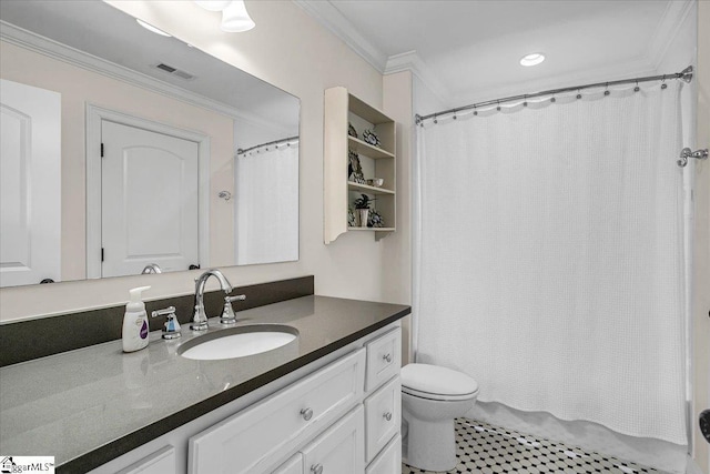 bathroom featuring visible vents, vanity, toilet, and crown molding