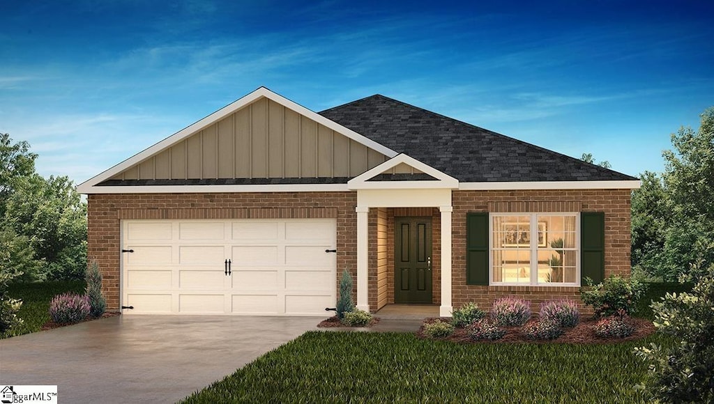 view of front of home with brick siding, board and batten siding, concrete driveway, and an attached garage