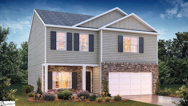 view of front facade with board and batten siding, concrete driveway, an attached garage, and stone siding