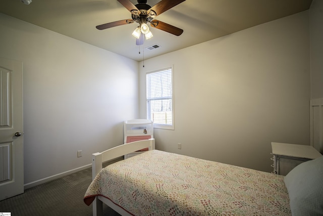 bedroom with visible vents, ceiling fan, baseboards, and carpet floors