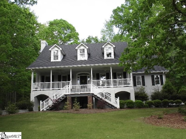 1 Parkview Ct, Laurens, SC 29360 - view of front facade with stairs, a front yard, covered porch, and a chimney