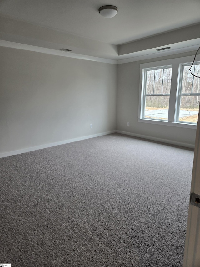 carpeted spare room featuring visible vents, baseboards, and a raised ceiling