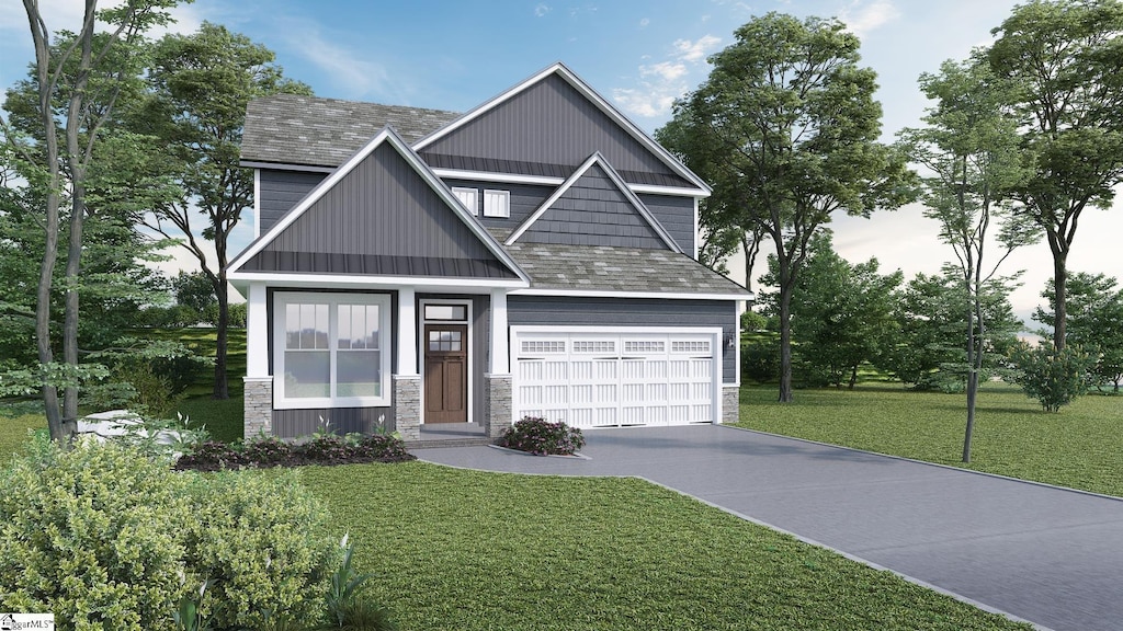 craftsman-style house with a shingled roof, a front yard, a garage, stone siding, and driveway