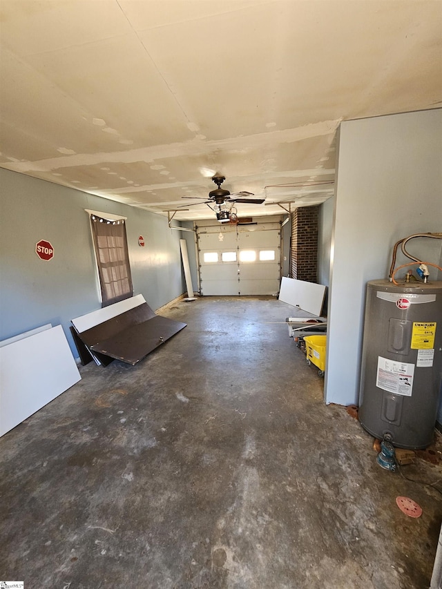 garage with a garage door opener and water heater