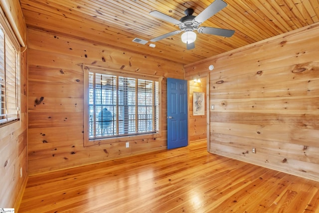 spare room with wooden walls, wood ceiling, and wood finished floors
