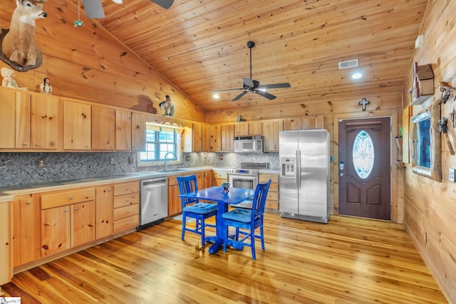 kitchen with light brown cabinetry, wooden ceiling, stainless steel appliances, and a sink