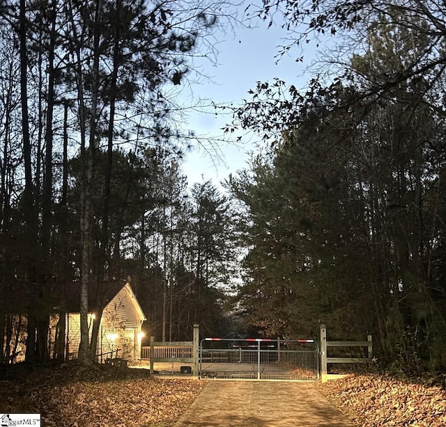 view of road featuring driveway and a gate