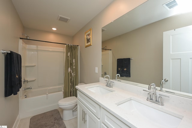 full bathroom featuring toilet, shower / bathtub combination with curtain, visible vents, and a sink