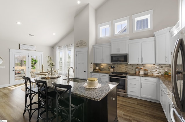 kitchen featuring a sink, appliances with stainless steel finishes, a center island with sink, and a healthy amount of sunlight