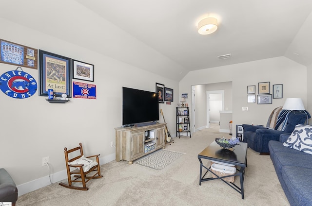 living area with visible vents, baseboards, carpet, and lofted ceiling