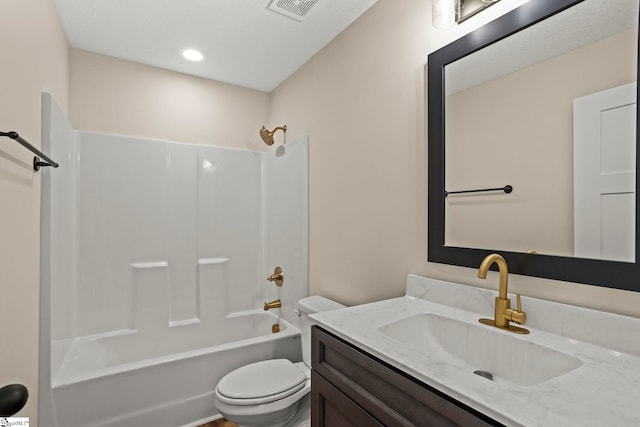 full bath featuring visible vents, toilet, recessed lighting, shower / bath combination, and vanity