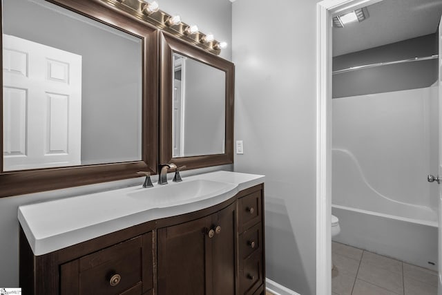 full bathroom featuring vanity, tile patterned floors, toilet, and tub / shower combination