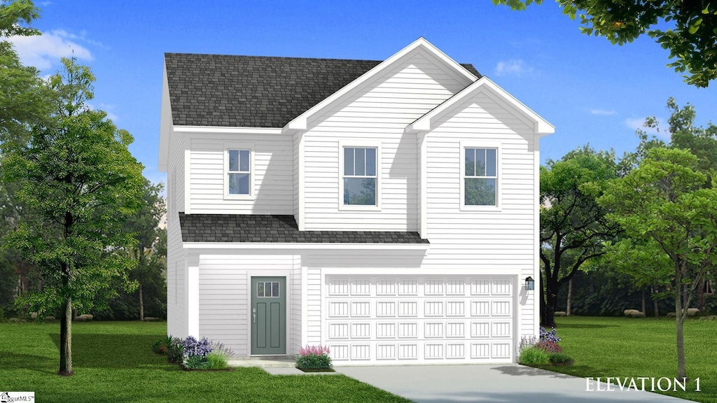 traditional home with a front lawn, a garage, driveway, and roof with shingles