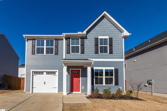 view of front of home featuring central AC unit, an attached garage, fence, and driveway