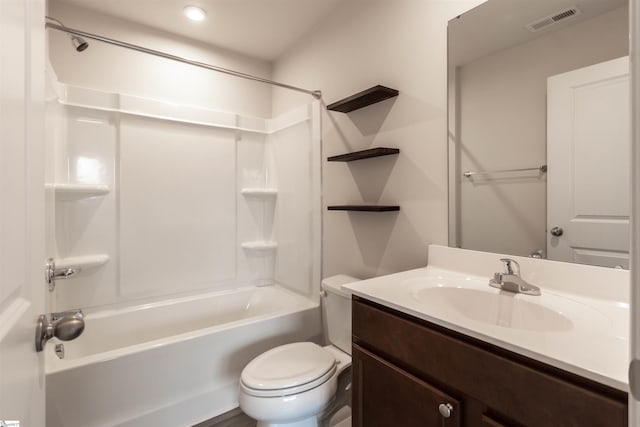 full bathroom with vanity, bathing tub / shower combination, toilet, and visible vents