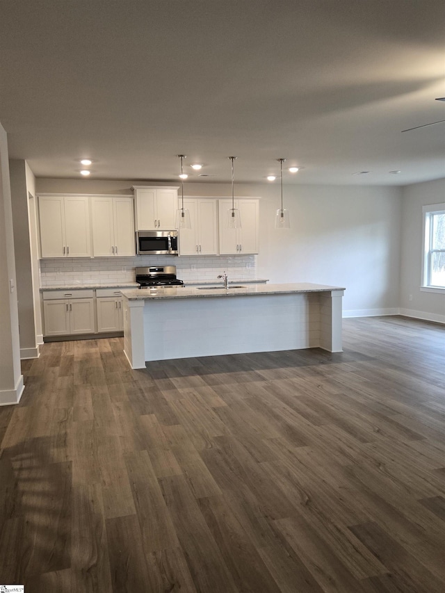 kitchen with decorative backsplash, dark wood-style floors, and stainless steel appliances